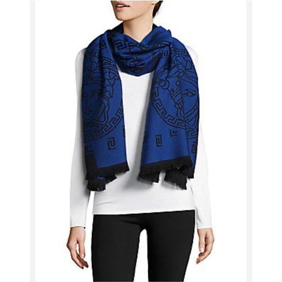 NWT Versace Medusa Reversible Wool Black Blue Knit Scarf Shawl Size 70"x27" $590 - Picture 1 of 11